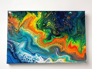 A painting of a colorful ocean with a wave and a sky