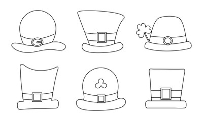 Set of St. Patrick's hats drawn in one line for coloring book. Coloring page for children on St. Patrick's Day.