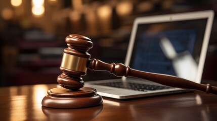 Depiction of law: A wooden judge's gavel resting on a laptop keyboard signifies justice.