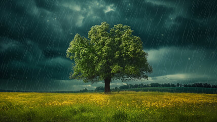 A tree in the middle of a meadow with a backdrop of a cloudy sky accompanied by rain
