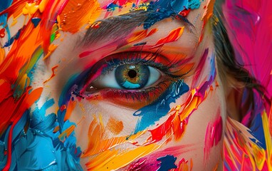 A woman's face is painted with bright colors, including blue and green
