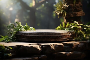 Stone circle pedestal in nature green forest