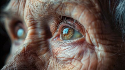 Close-up of a forgetful elderly person's eyes, gazing out with a mix of confusion and sadness, reflecting the emotional impact of dementia - obrazy, fototapety, plakaty