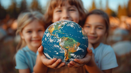 Children hold a globe in their hands. Planet protection concept.
