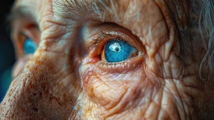 Naklejka na ściany i meble Close-up of a forgetful elderly person's eyes, gazing out with a mix of confusion and sadness, reflecting the emotional impact of dementia