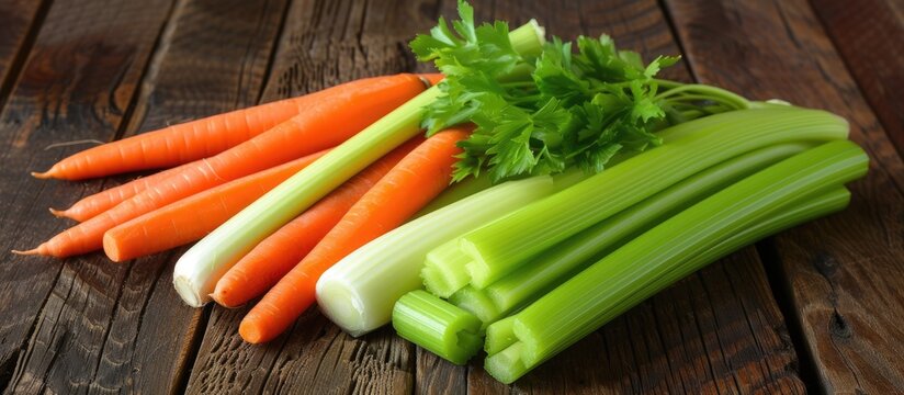 A bunch of fresh carrots and celery neatly arranged on a wooden table. These vegetables are commonly used in cooking, particularly in the preparation of the classic mirepoix blend.