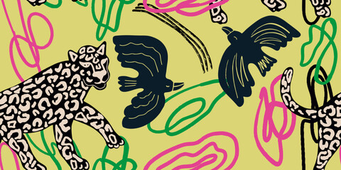 Vector animal print. Seamless leopard and bird pattern design for fabric and textile, packaging, web and social media design
