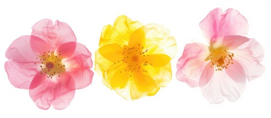 Three distinct flowers in vibrant pink, yellow, and rose colors stand out against a simple white background. The flowers are isolated, showcasing their individual beauty.