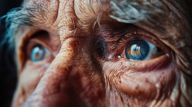 Close-up of a forgetful elderly person's eyes, gazing out with a mix of confusion and sadness, reflecting the emotional impact of dementia