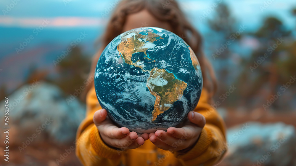 Wall mural a child holding a globe. planet protection concept.