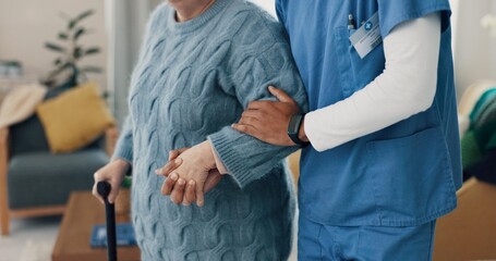 Nurse, senior person and holding hands with walking stick for support at retirement home. Elderly patient with a disability, caregiver or cane in rehabilitation for health, physical therapy or help - obrazy, fototapety, plakaty