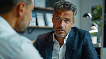 Obraz premium Close up of serious mature businessman looking at camera while sitting with colleague in office