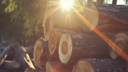 a stack of logs with the sun shining through - obrazy, fototapety, plakaty