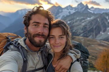 A fit couple in sportswear pausing their mountain hike to take a selfie, with a panoramic view of the peaks behind them