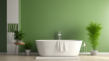 Fototapeta na wymiar Minimalist Bathroom with Free-Standing Tub and Green Walls Featuring Indoor Plants