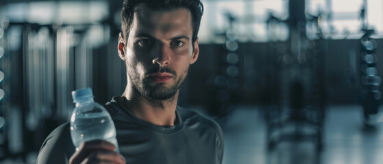 Focused athlete contemplating with water bottle in gym. - obrazy, fototapety, plakaty