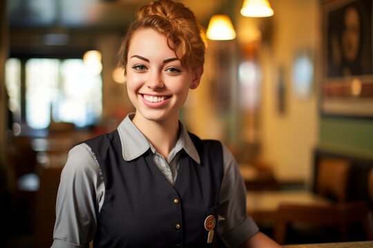 Attentive Smiling waitress cafe. Face cafe person pretty public. Generate AI