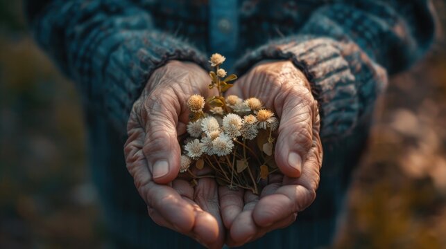 Close-up of a senior man's hands holding a family photograph, with a blurred background to symbolize fading memories