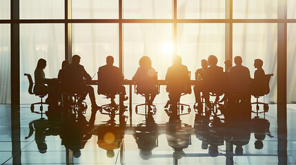 A group of people are sitting in a conference room. They are all looking at the person at the head of the table.