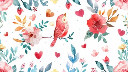 Obraz na płótnie Canvas Beautiful bright illustration with amazing, watercolor flowers, cute birds, hearts and leaves. Unreal cute illustration for design fabrics, clothing and covers phone.