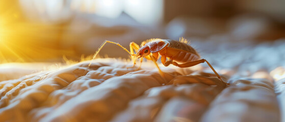 Lone cockroach navigates the world of a textured bedsheet. - obrazy, fototapety, plakaty