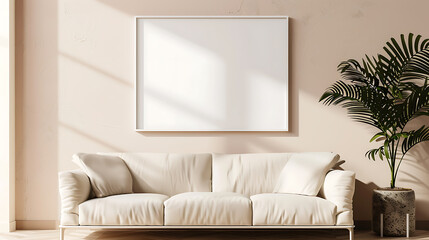 Interior of living room with beige sofa, plant in pot and empty frame on wall. Mock up, 3D Rendering