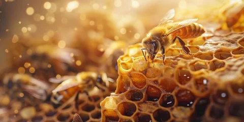 Gordijnen Honey bee close up, organic honey production concept. Bright yellow background with honeycomb, apiary, bees and honey jar. © SARATSTOCK