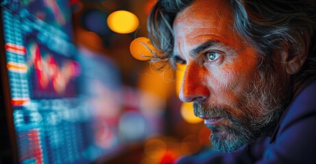 A professional financial analyst in a corporate setting, his attention captured by the fluctuating numbers on the computer screens, the room illuminated by the blue light of the monitors. 