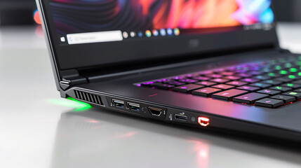 Laptop with a backlit keyboard and a green light on the side.