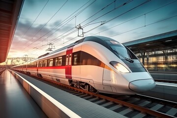 High-speed fast train passenger locomotive in motion at the railway station - Powered by Adobe