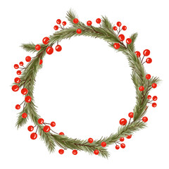 Christmas fir wreath with red berries. Pine circle frame. Watercolor spruce new year chaplet. Decorative element.
