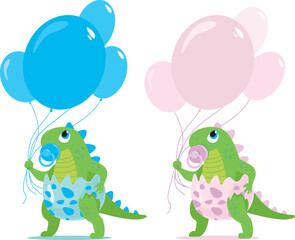 Cute baby girl and boy dinosaur characters holding colorful balloons for baby shower and gender reveal party. - 751329251
