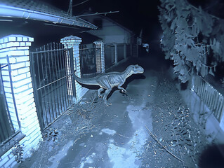 a surveillance camera shows how a dinosaur runs by a gate of a houses