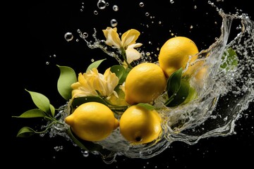 Lemon submerging into water, capturing the citrus burst. black background.