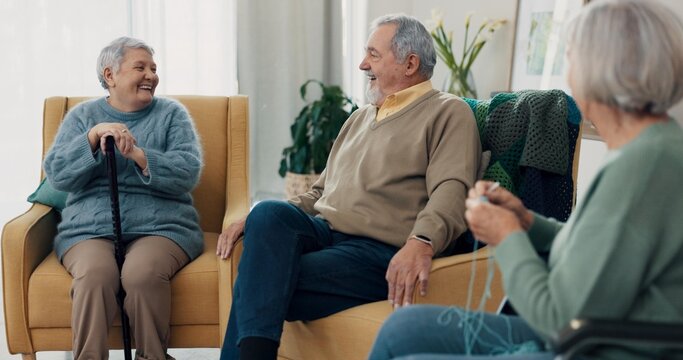 Conversation, happy and senior friends in living room of nursing home for communication. Smile, discussion and group of elderly people in retirement talking, bonding and relaxing in lounge at house.