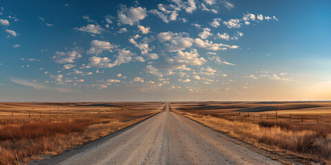 sunset on the road, horizontal view of desert road leading to the horizon, 
 - obrazy, fototapety, plakaty
