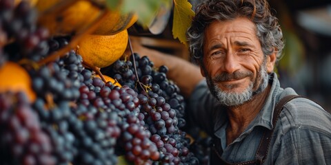Caucasian senior farmer smiles while looking at ripe grapes during autumn harvest in a vineyard. - obrazy, fototapety, plakaty