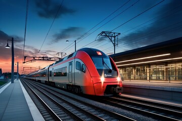 High-speed fast train passenger locomotive in motion at the railway station - obrazy, fototapety, plakaty