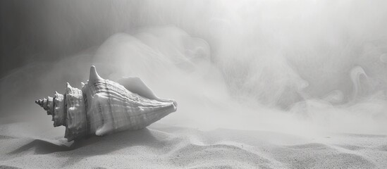A black and white portrayal of a conch shell resting on a sandy beach, enveloped in fog that hovers...