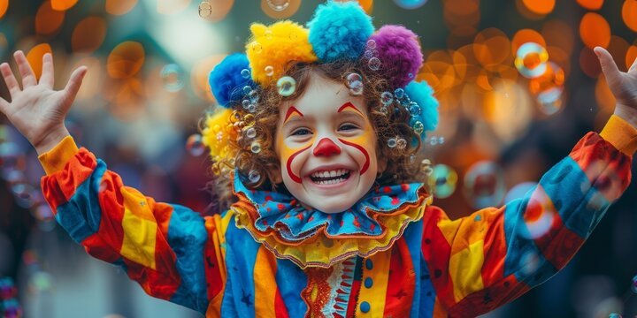 A colorful portrait of a child clown, combining fun and humor with a touch of sadness.