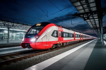 High-speed fast train passenger locomotive in motion at the railway station - obrazy, fototapety, plakaty