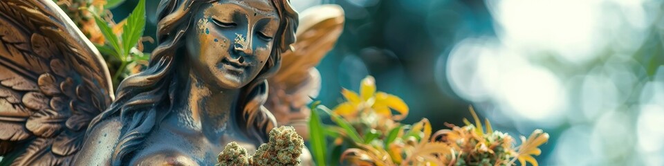 Surreal Serenity, Statue of a Beautiful Angel Embracing Marijuana Nuggets, Blending Artistic Contrasts