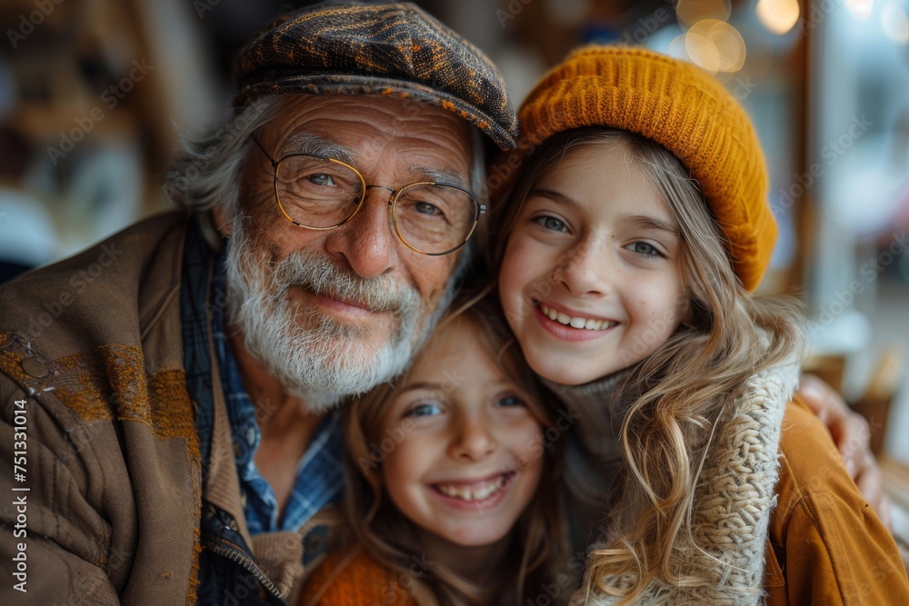 Poster Cheerful multi-generation family, having fun, spending time together at home, joyful expressions, warm atmosphere