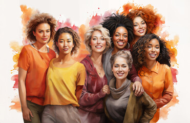 Diverse women in watercolor celebrate friendship and unity for woman's day