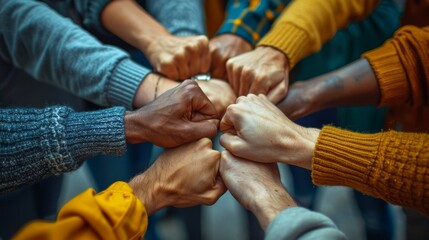 Fototapeta premium Close up business team forming a circle out of their fists 
