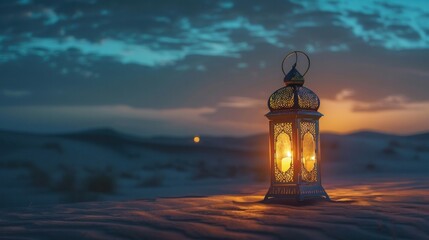 A Ramadan lantern in the desert at night, illustrated