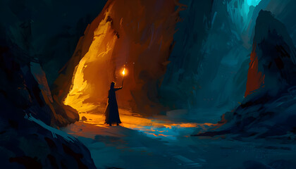 A digital illustration of a female adventurer exploring a mysterious cave holding a torch aloft as Generative AI