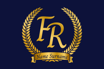Initial letter F and R, FR monogram logo design with laurel wreath. Luxury golden calligraphy font.
