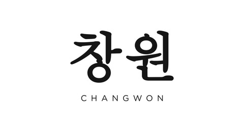 Changwon in the Korea emblem. The design features a geometric style, vector illustration with bold typography in a modern font. The graphic slogan lettering.