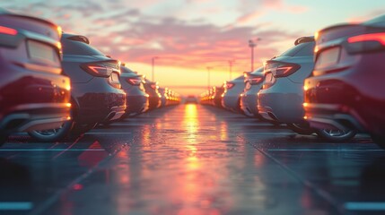 Sunset view of a car dealership with shiny vehicles on display